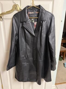 Centigrade Leather Women Black Trench Coat Jacket Large Floral Lined MIDI 42x33